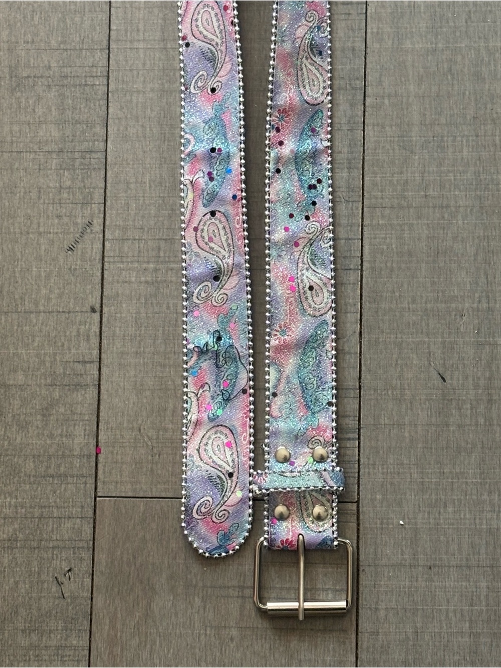 Y2K Paisley & Rhinestone Belt in Airbrushed Pink & Blue Glitter